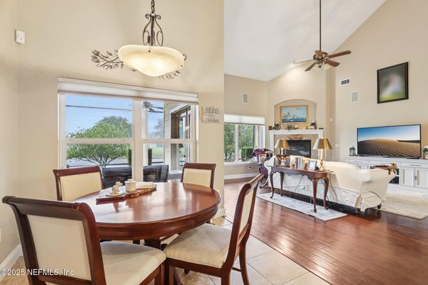 Dining room, Fireplace, Interior, Living room, Pendant Lights, Wood Texture Flooring