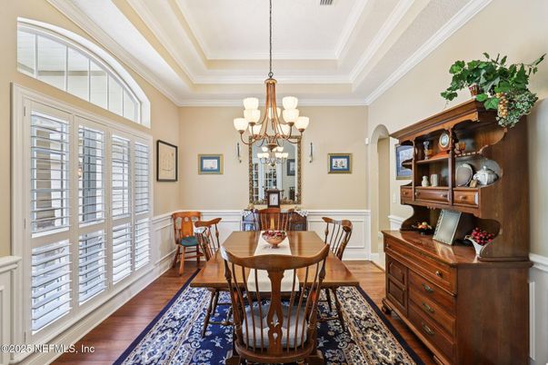 Chandelier, Dining room, Interior, Wood Texture Flooring