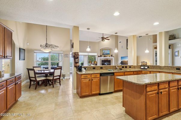 Dining room, Fireplace, Interior, Kitchen, Pendant Lights, Recessed Lighting