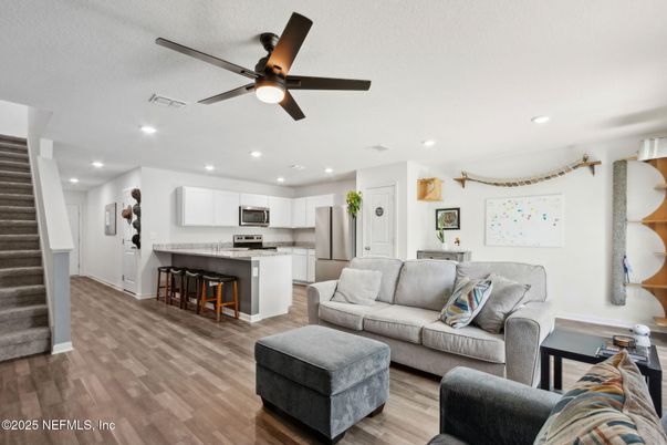 Interior, Kitchen, Living room, Recessed Lighting, Stainless Steel Appliances, Wood Texture Flooring