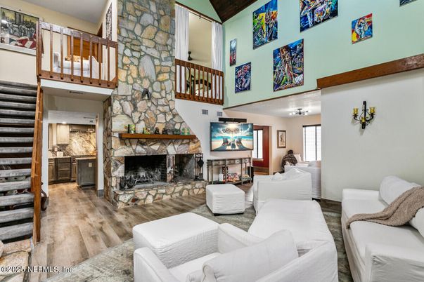 Fireplace, Interior, Living room, Stone Walls, Wood Texture Flooring