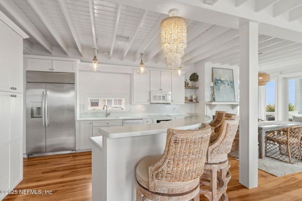 Chandelier, Interior, Kitchen, Stainless Steel Appliances, Wood Texture Flooring