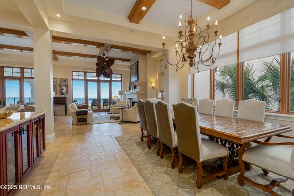 Chandelier, Dining room, Interior, Living room, Recessed Lighting, Water, Wooden Beams