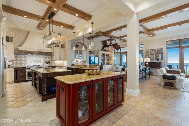 Interior, Kitchen, Living room, Pendant Lights, Recessed Lighting, Stainless Steel Appliances, Water, Wooden Beams