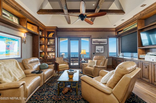 Interior, Living room, Recessed Lighting, Water, Wooden Beams, Wood Texture Flooring