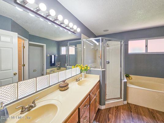 Bathroom, Dual Sink Vanities, Glass Shower, Interior, Wood Texture Flooring
