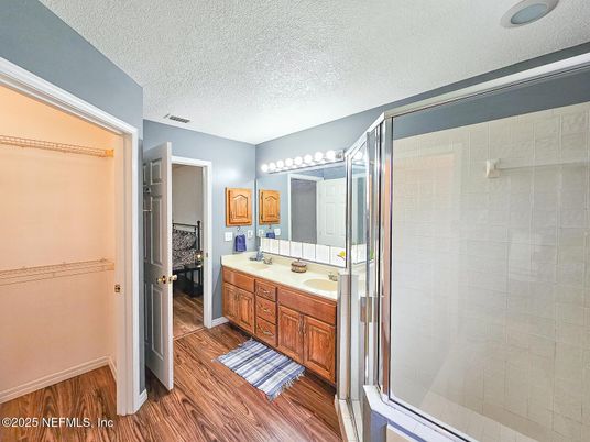 Bathroom, Glass Shower, Interior, Wood Texture Flooring