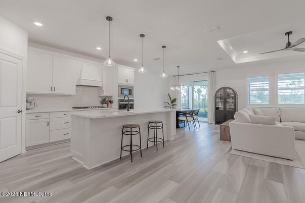 Interior, Kitchen, Living room, Pendant Lights, Recessed Lighting, Wood Texture Flooring
