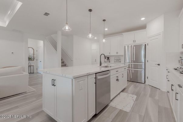 Interior, Kitchen, Pendant Lights, Recessed Lighting, Stainless Steel Appliances, Wood Texture Flooring
