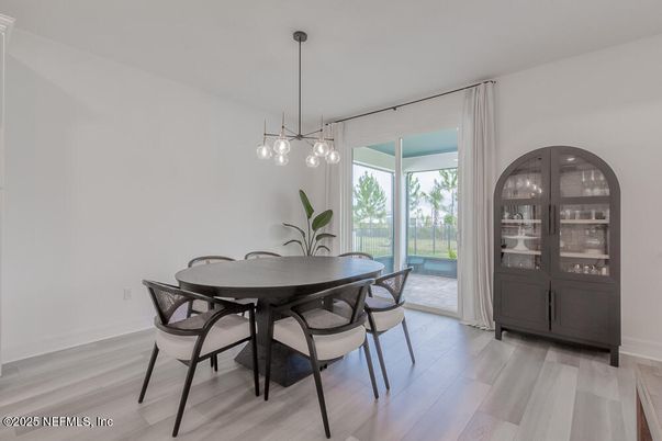 Dining room, Interior, Pendant Lights, Wood Texture Flooring