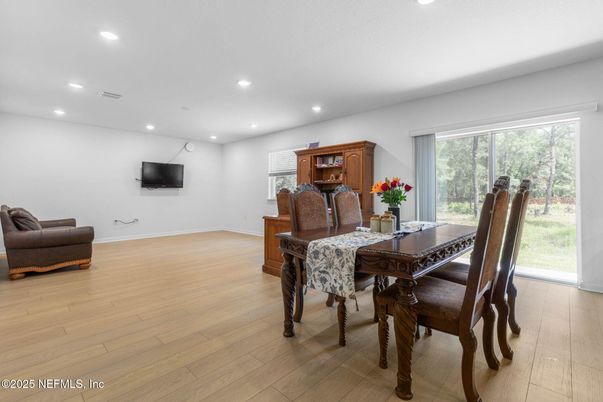 Dining room, Interior, Recessed Lighting, Wood Texture Flooring