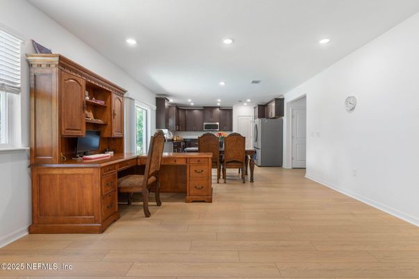 Home Office, Interior, Kitchen, Recessed Lighting, Wood Texture Flooring