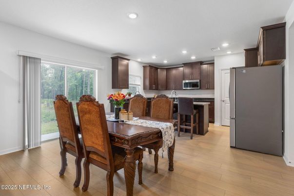 Dining room, Interior, Kitchen, Recessed Lighting, Wood Texture Flooring