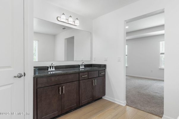 Bathroom, Dual Sink Vanities, Interior, Recessed Lighting, Wood Texture Flooring