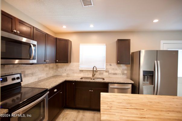 Interior, Kitchen, Recessed Lighting, Stainless Steel Appliances, Wood Texture Flooring