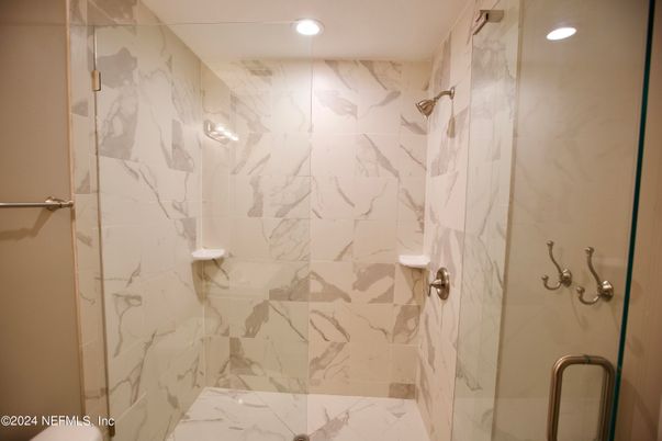 Bathroom, Glass Shower, Interior, Marble Walls, Recessed Lighting