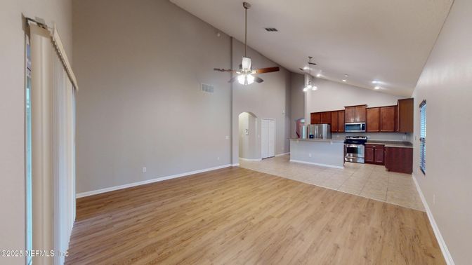 Empty room, Interior, Kitchen, Recessed Lighting, Wood Texture Flooring