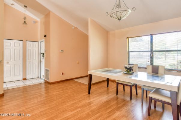 Dining room, Interior, Pendant Lights, Wood Texture Flooring