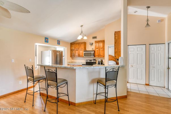 Interior, Kitchen, Pendant Lights, Stainless Steel Appliances, Wood Texture Flooring