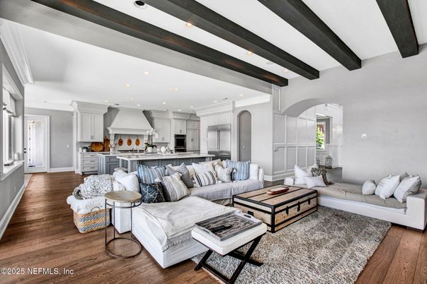 Interior, Kitchen, Living room, Recessed Lighting, Stainless Steel Appliances, Wooden Beams, Wood Texture Flooring