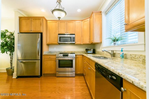 Interior, Kitchen, Pendant Lights, Recessed Lighting, Stainless Steel Appliances, Wood Texture Flooring