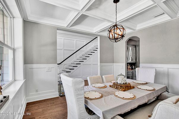 Chandelier, Dining room, Interior, Pendant Lights, Wood Texture Flooring