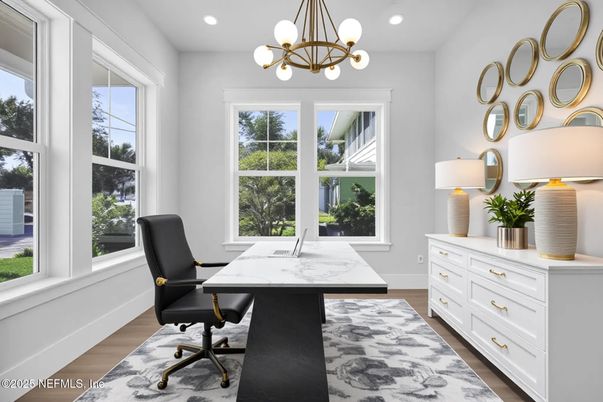 Home Office, Interior, Pendant Lights, Recessed Lighting, Wood Texture Flooring