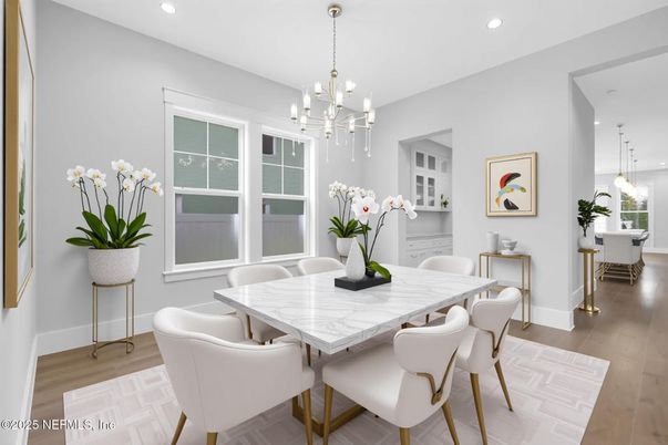Dining room, Interior, Pendant Lights, Recessed Lighting, Wood Texture Flooring