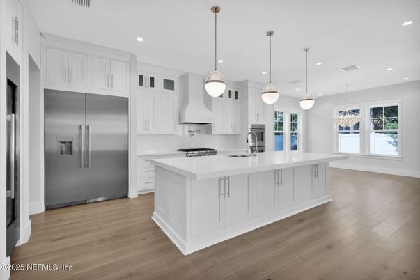 Interior, Kitchen, Pendant Lights, Recessed Lighting, Stainless Steel Appliances, Wood Texture Flooring
