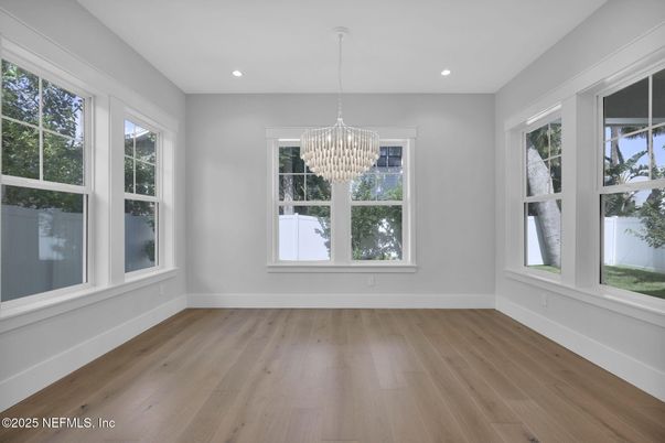 Chandelier, Empty room, Interior, Recessed Lighting, Wood Texture Flooring