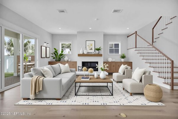 Fireplace, Interior, Living room, Recessed Lighting, Wood Texture Flooring
