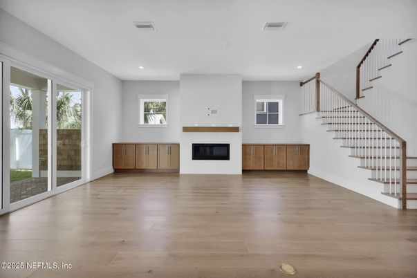 Empty room, Fireplace, Interior, Recessed Lighting, Wood Texture Flooring