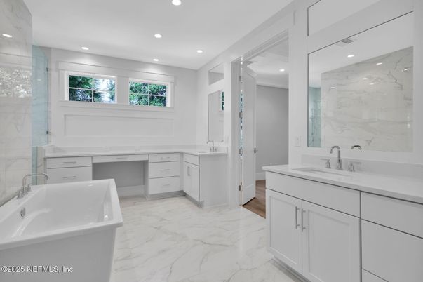 Bathroom, Dual Sink Vanities, Interior, Marble, Marble Walls, Recessed Lighting