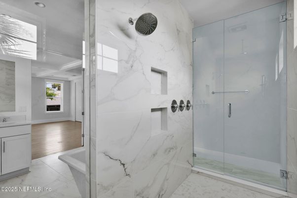 Bathroom, Glass Shower, Interior, Marble, Marble Walls, Recessed Lighting, Wood Texture Flooring