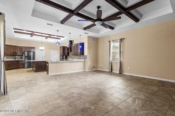 Empty room, Interior, Kitchen, Pendant Lights, Stainless Steel Appliances, Wooden Beams