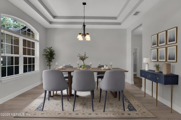 Dining room, Interior, Pendant Lights, Wood Texture Flooring