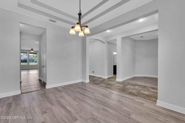 Empty room, Interior, Pendant Lights, Recessed Lighting, Wood Texture Flooring