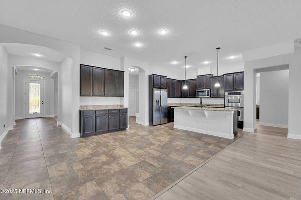 Interior, Kitchen, Pendant Lights, Recessed Lighting, Stainless Steel Appliances, Wood Texture Flooring