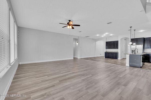 Empty room, Interior, Kitchen, Pendant Lights, Recessed Lighting, Wood Texture Flooring
