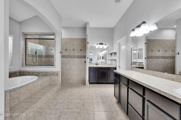 Bathroom, Dual Sink Vanities, Glass Shower, Interior, Recessed Lighting
