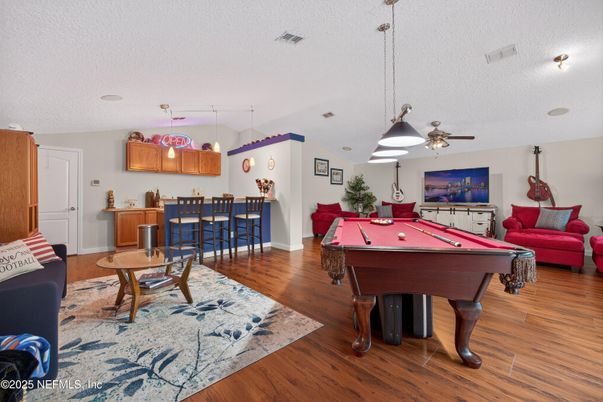 Billiard Table, Dining room, Game Room, Interior, Pendant Lights, Wood Texture Flooring