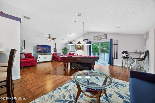 Billiard Table, Game Room, Interior, Pendant Lights, Wood Texture Flooring
