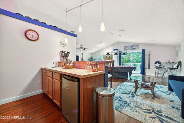 Dining room, Interior, Living room, Pendant Lights, Wood Texture Flooring