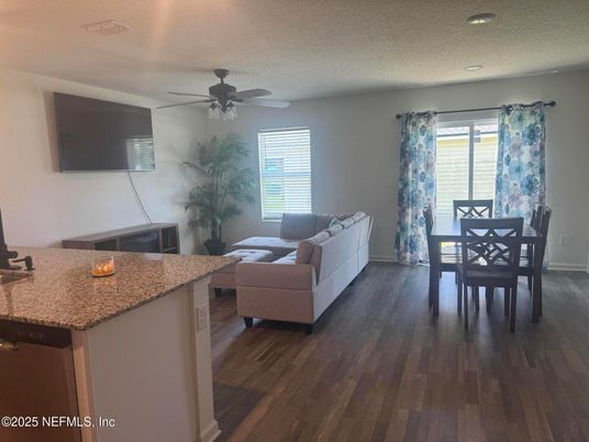 Dining room, Interior, Living room, Recessed Lighting, Wood Texture Flooring