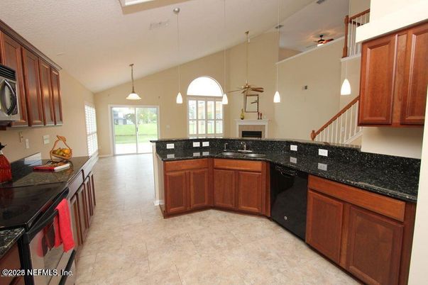 Fireplace, Interior, Kitchen, Pendant Lights