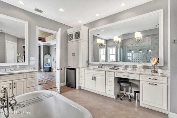Bathroom, Dual Sink Vanities, Glass Shower, Interior, Recessed Lighting, Wood Texture Flooring