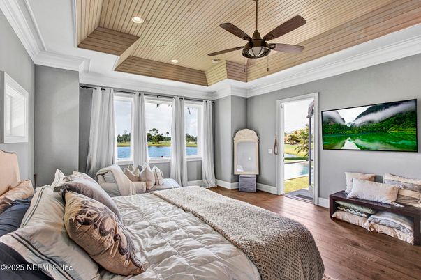 Bedroom, Interior, Recessed Lighting, Water, Wooden Ceilings, Wood Texture Flooring