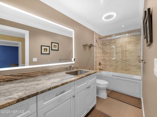 Bathroom, Glass Shower, Interior, Recessed Lighting, Wood Texture Flooring