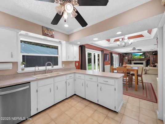 Dining room, Fireplace, Interior, Kitchen, Recessed Lighting, Stone Walls
