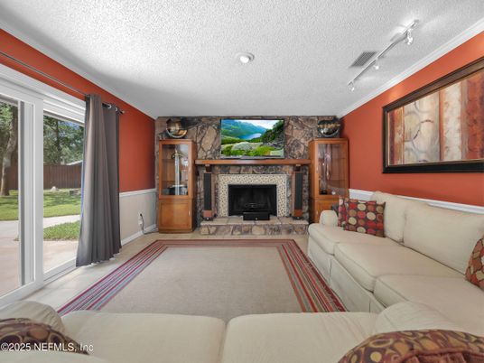 Fireplace, Interior, Living room, Recessed Lighting, Stone Walls